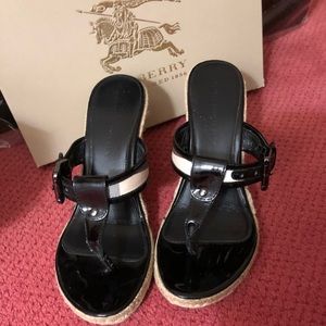Burberry Black Patent Leather Wedge Thong Sandal